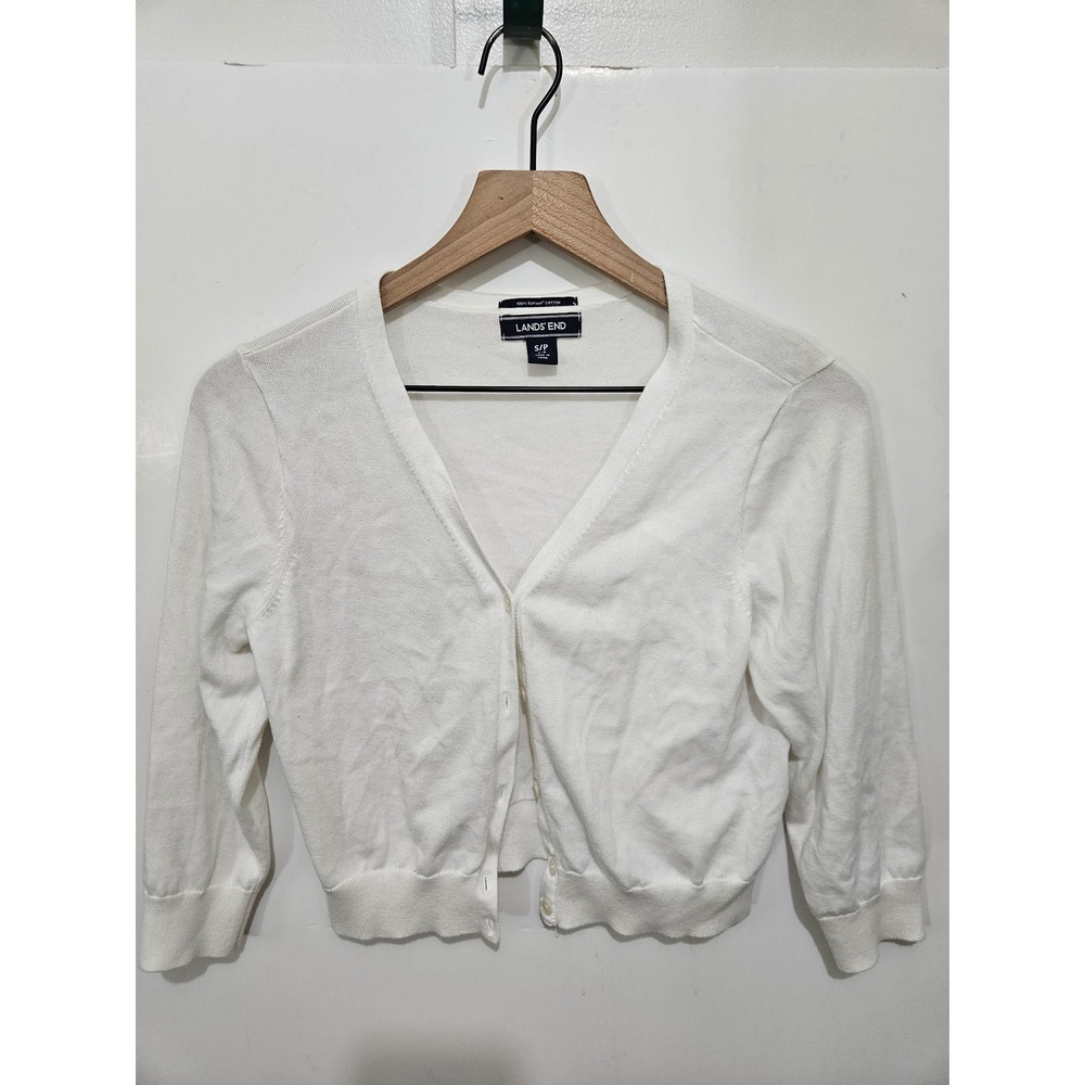 Lands End Womens White Supima Cotton Cropped Cardigan Sweater Small 6-8